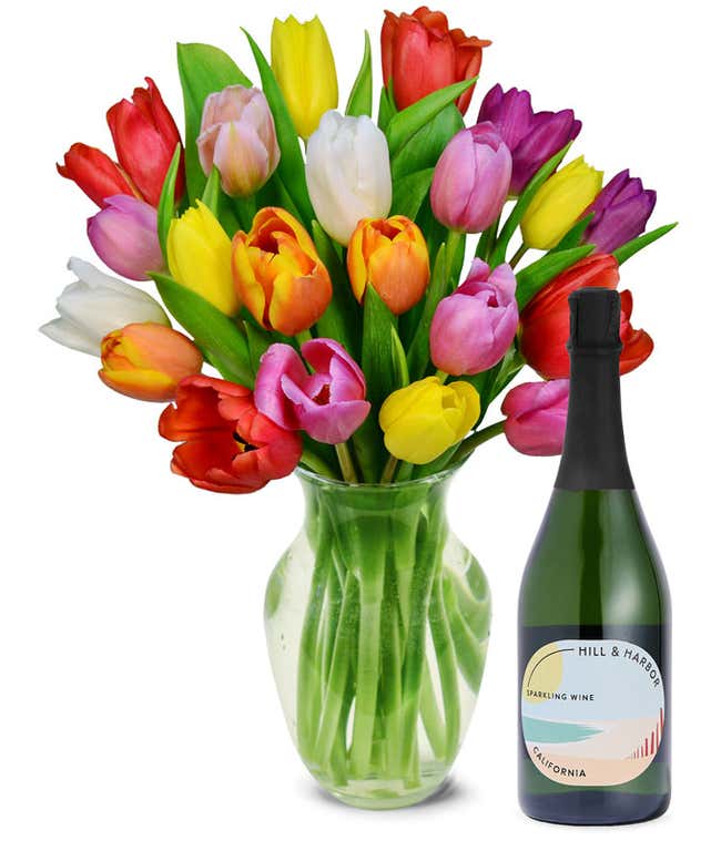 Premium Rainbow Tulip Bouquet with Sparkling Wine