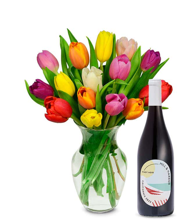 Rainbow Tulip Bouquet with Red Wine