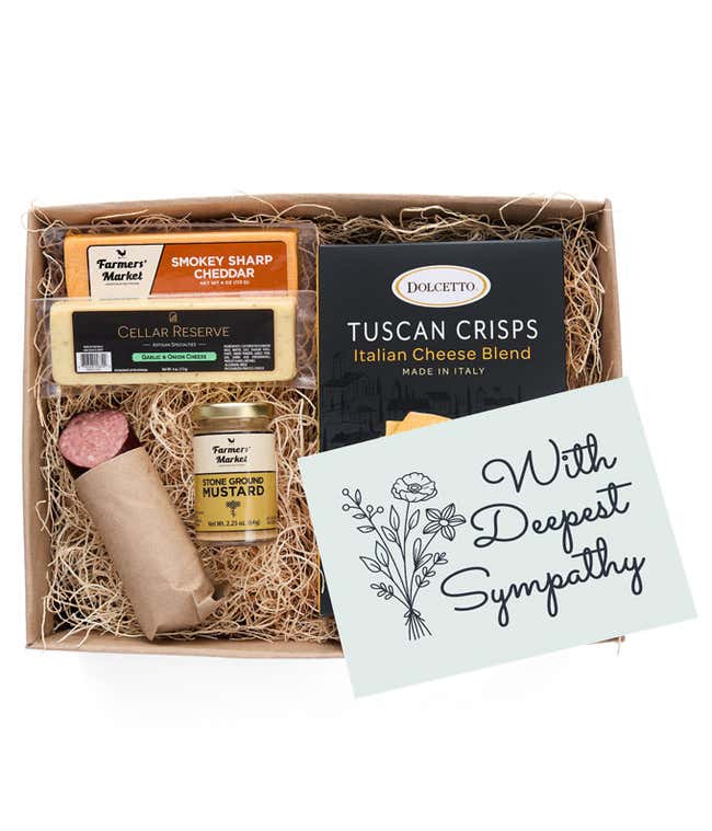 A charcuterie box with two types of cheese, crackers, stone-ground mustard, a summer sausage and a heartfelt 'With Sympathy' message card.