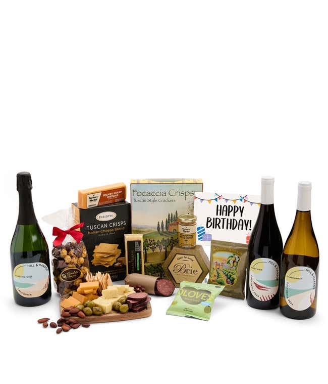 A wine and cheese gift set featuring 3 bottles of California wine - sparkling wine, Chardonnay, and Pinot Noir. Includes a variety of gourmet cheeses, crackers, olives, smoked almonds, summer sausage, and condiments.