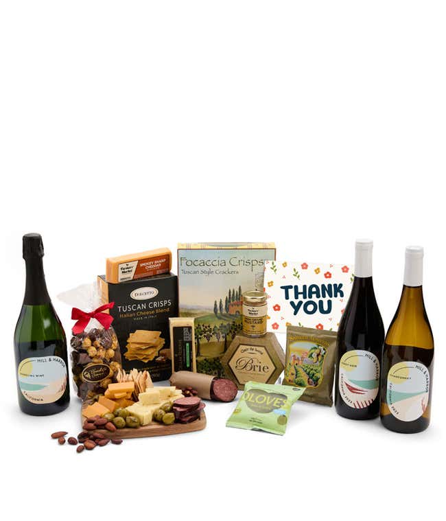 A wine and cheese gift set featuring bottles of Hill &amp; Harbor sparkling wine, Chardonnay, and Pinot Noir. Includes a variety of gourmet cheeses, crackers, olives, summer sausage, almonds, salami, and condiments finished with a Thank You card.