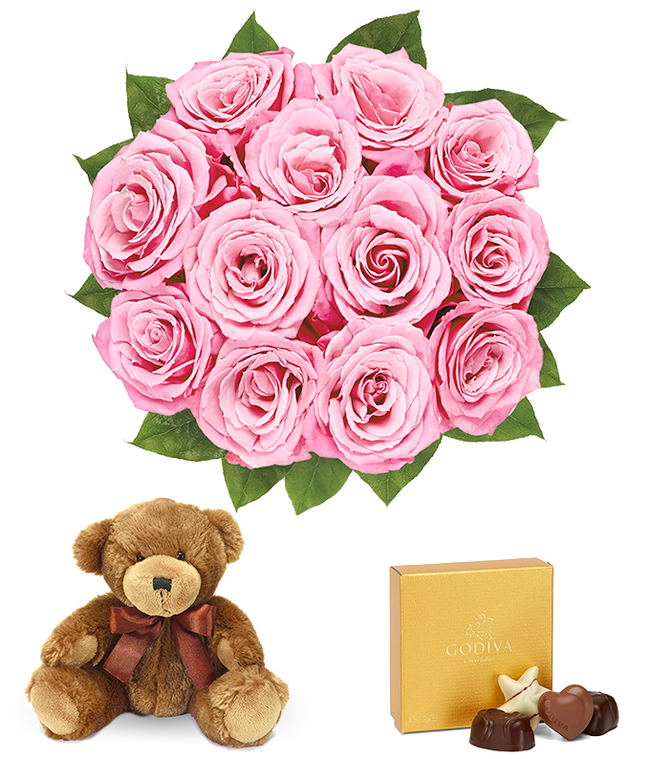 Partial image of One dozen pink roses, teddy bear and box of chocolates without vase.