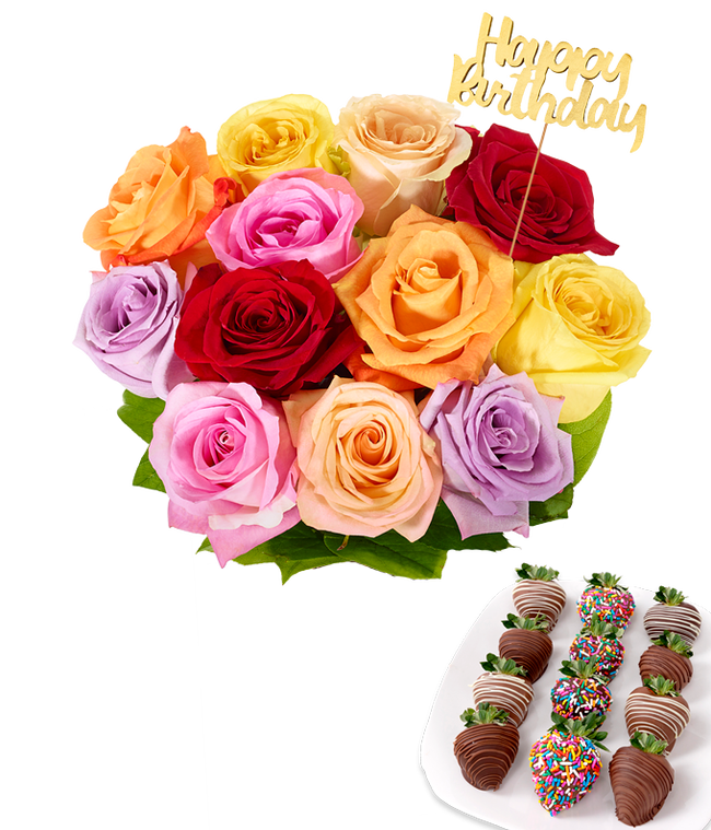 Partial image of Happy Birthday! Flowers and Chocolate Strawberries without vase.