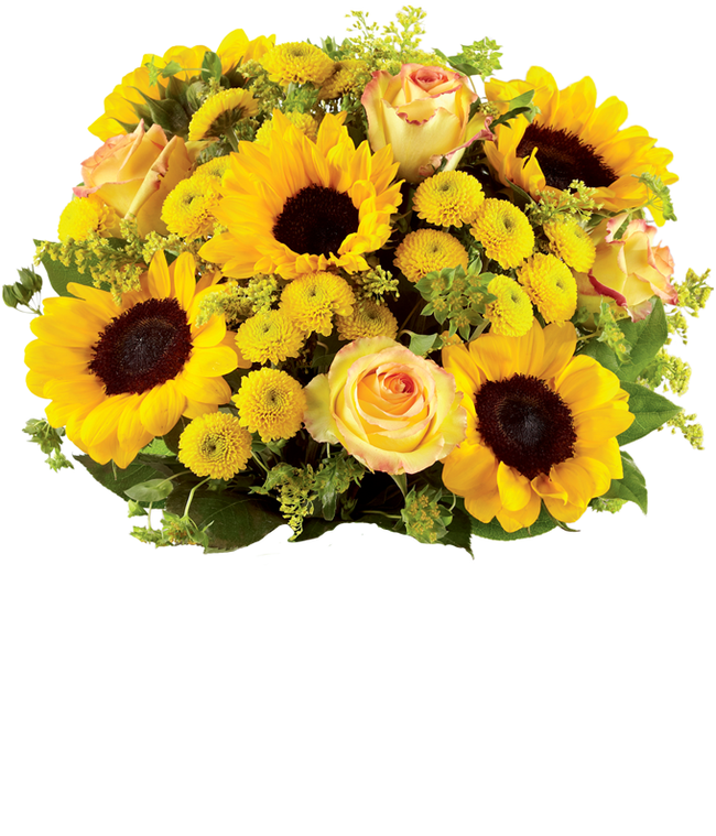 Partial image of A vibrant arrangement featuring yellow/orange bi-color roses, sunflowers, yellow button poms, yellow solidago, and bupleurum, optionally presented in a vase. This cheerful display brings a burst of sunshine and joy to any occasion. without vase.