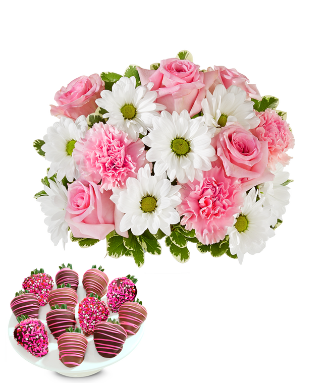 Partial image of Charming bouquet of pink roses, pink carnations, and white daisies in a clear glass vase, paired with chocolate-covered strawberries decorated with pink drizzle and pink sprinkles. without vase.