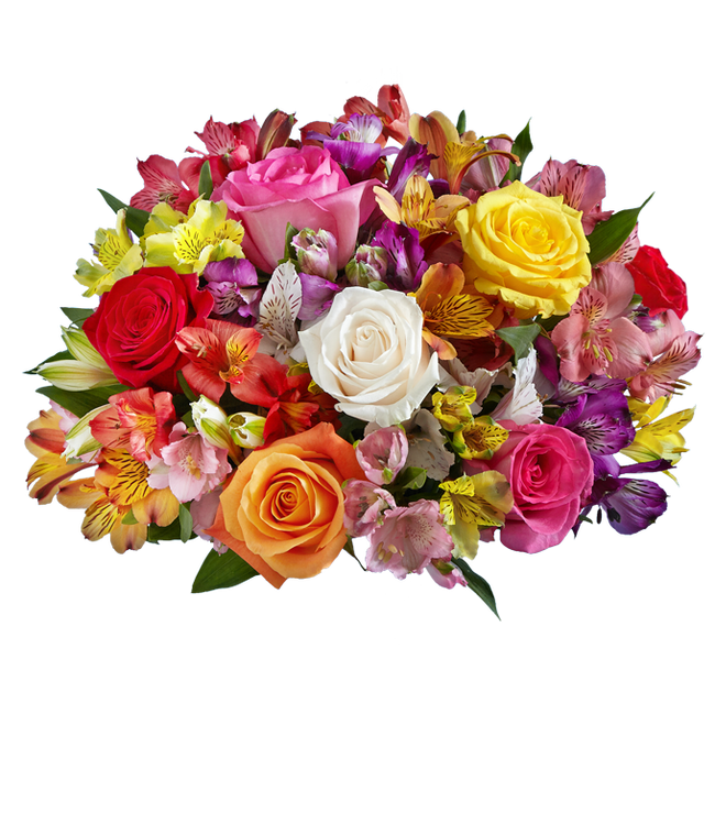 Partial image of A beautiful arrangement featuring mixed roses and assorted alstroemeria, optionally presented in a glass vase. This vibrant mix offers a colorful and cheerful display, perfect for any occasion. without vase.